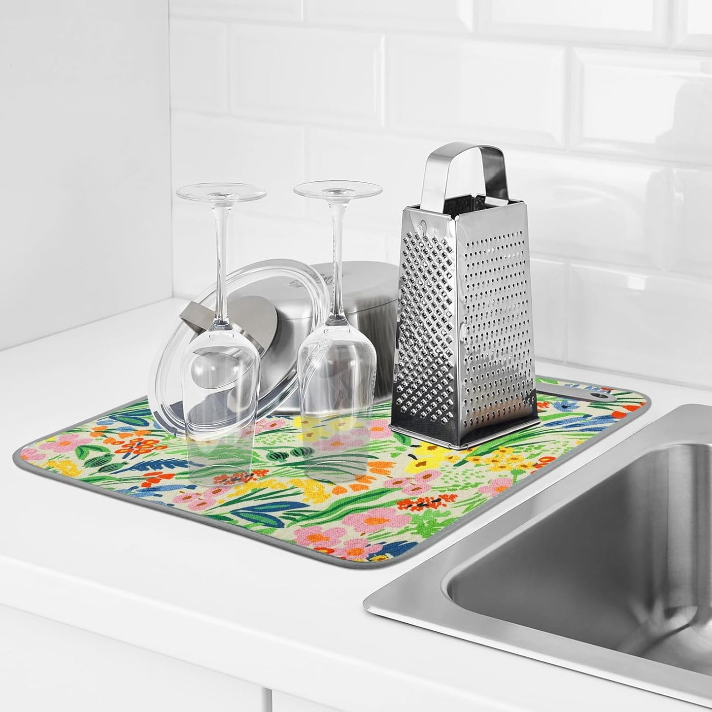 SHIYUE Dish Drying Mat for Kitchen Counter Super Absorbent Spring Kitchen Decor Microfiber Drying Matainers Rack Fast Pad Dish Drainer Mats(Cute Colorful Flowers,16''x18'')