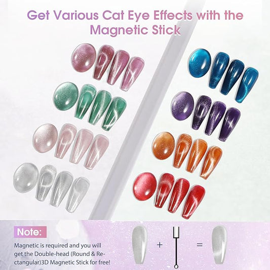 ROSALIND 8PCS Cat Eye Gel Polish with Magnet Stick - Magnetic Cat eye Gel Nail Polish Sparkle Diamond Effect Magic Magnetic Glitter Soak Off Led Nail Art DIY Salon Gifts For Women