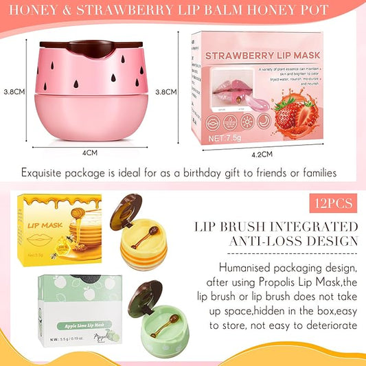 12 Pcs Bee Lip Balm Honey Pot with Brush Propolis Lip Mask Overnight, Moisturizing Hydrating Lip Sleeping Mask Prevention Dry and Cracked(Honey+Strawberry+Apple Lime)