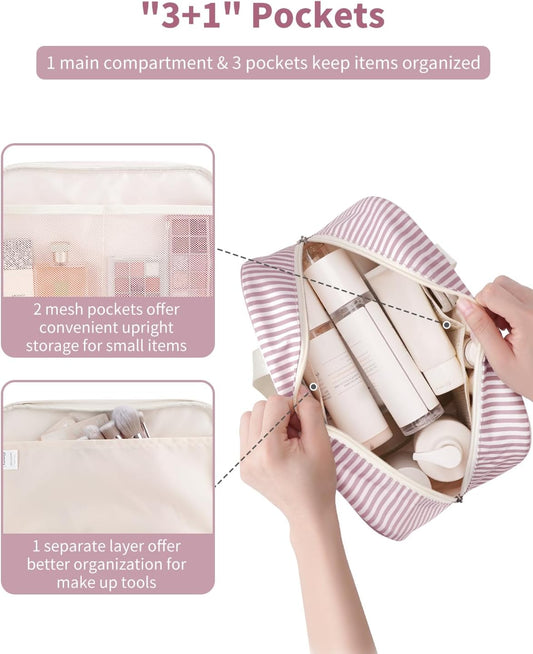 Full Size Toiletry Bag Women Large Cosmetic Bag Travel Makeup Bag Organizer Medicine Bag for Toiletries Essentials Accessories (Dusty Rose Stripe, Large)