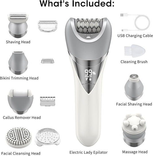 Epilator for Women, 7 in 1 Epilator Hair Removal for Women, Shaver, Bikini, Face Razor, Facial Brush, Face Massage and Body Exfoliator, IPX6 Waterproof Painless Lady Shaver Wet & Dry (White)