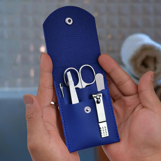 Travel Manicure Set Professional Nail Clipper Kit-5 Pieces Stainless Steel Manicure Kit, Women Men Grooming kit With Nail Care Tools Beauty Scissors Tweezers (Silver Blue)