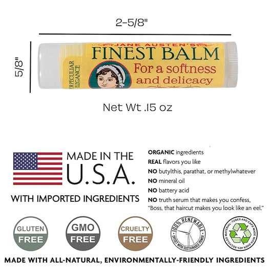 Jane Austen's Finest Balm, Lip Balm Tube, Peppermint Flavored - Cruelty-Free and Made in the USA from Natural and Imported Ingredients