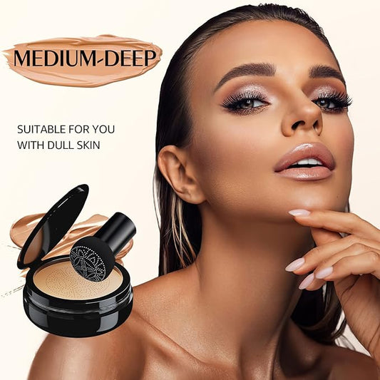 Mushroom Head Air Cushion CC Cream - Oil Control & Moisturizing Concealer Makeup Base, Brighten Long - Lasting Even Color Correcting Concealer Full Coverage for All Skin Types (Medium Deep)