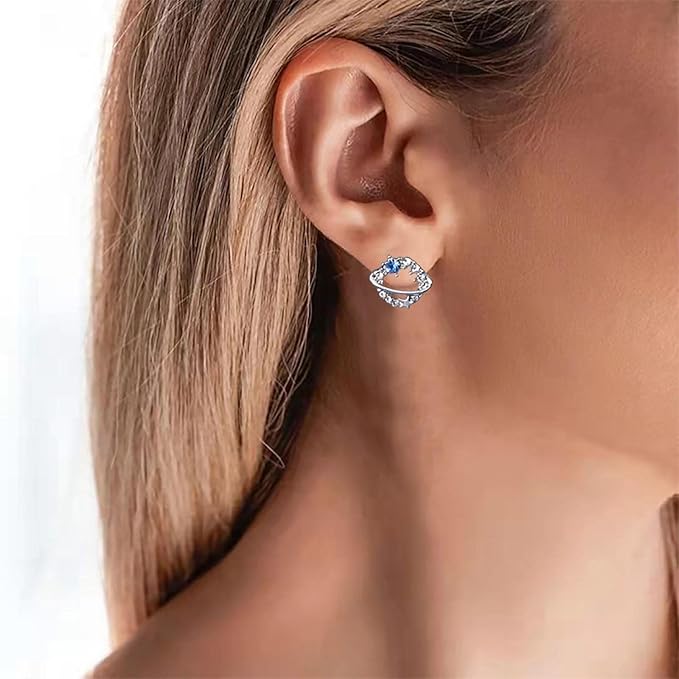 Boho Crystal Saturn Earrings Cz Orb Planet Earrings Silver Rhinestone Circle Earrings Tiny Sapphire Stud Earrings Jewelry for Women and Girls