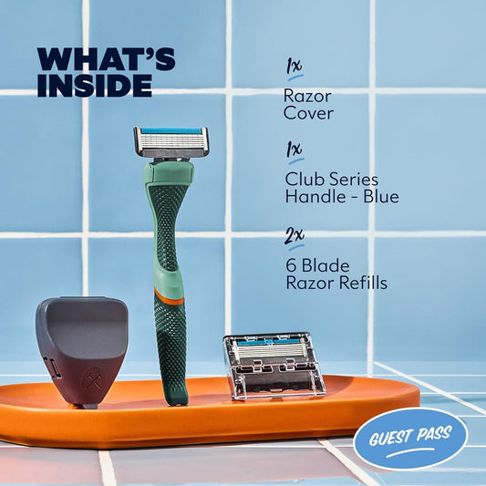 Dollar Shave Club | The Guest Pass Shave Set | 2 Extra Close Refill Cartridges, 1 Handle (Green), 1 Razor Cover, Razors for Men