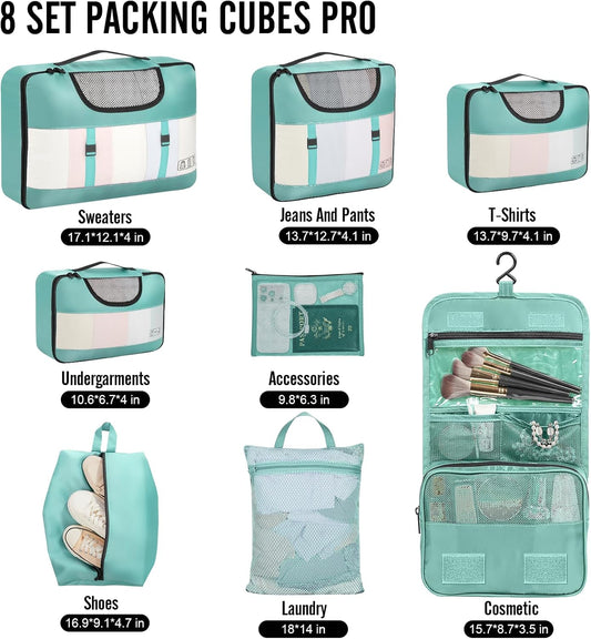 Veken 8 Set Packing Cubes for Travel Essentials, Suitcase Organizer Bags in 4 Sizes, Carry-On Luggage Accessories with Large Laundry & Hanging Toiletry Bag, Must-Have for Airplane, Road Trip & Camping