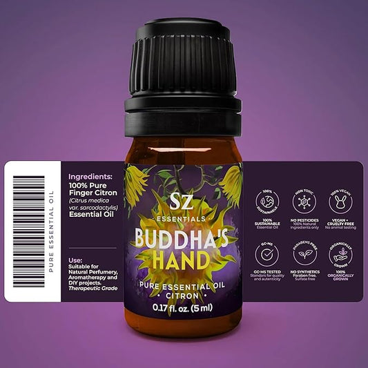 Buddha's Hand Essential Oil, 100% Pure, Extracted from The Most Fragrant Italian Finger Citron - Citrusy & Lemony Scent with Sweet Overtones - Therapeutic Grade & Vegan - 0.17oz (5ml)