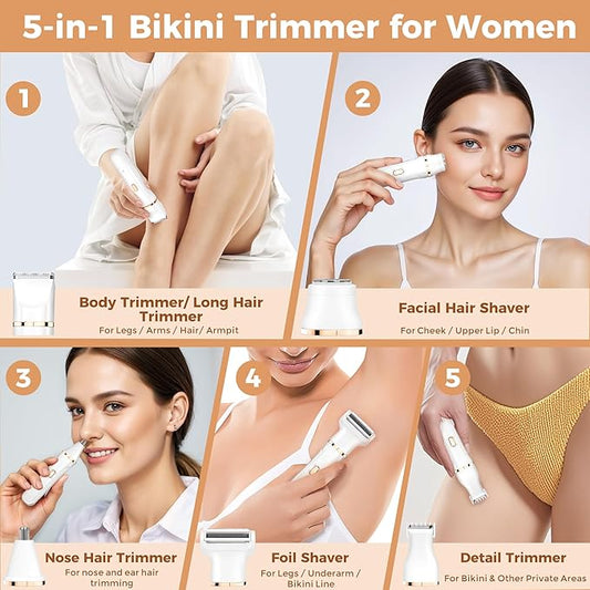 Bikini Trimmer for Women, 5-in-1 Waterproof Electric Razors for Women, Rechargeable Pubic Hair Trimmer, Electric Shaver with Travel Pouch, Body Shaver for Private Area Underarm Leg Face Nose, White