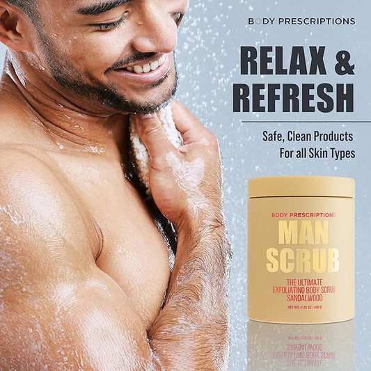Body Prescriptions Men’s Exfoliating Body Scrub – Ultimate Skin Cleansing Wash in Jar with Twist-Top Lid, For All Skin Types, 21 Ounce (Pack of 2), Sandalwood