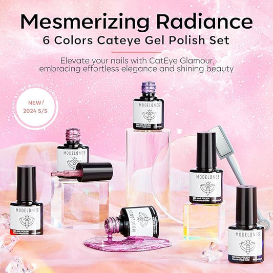 modelones Holographic Glitter Cat Eye Gel Nail Polish Kit 6 Colors with Magnet Romantic Rainbow Galaxy Series Pastel Gel Polish Soak Off Led Gel Nail Polish Set Nail Art Gel Manicure Salon DIY Gifts