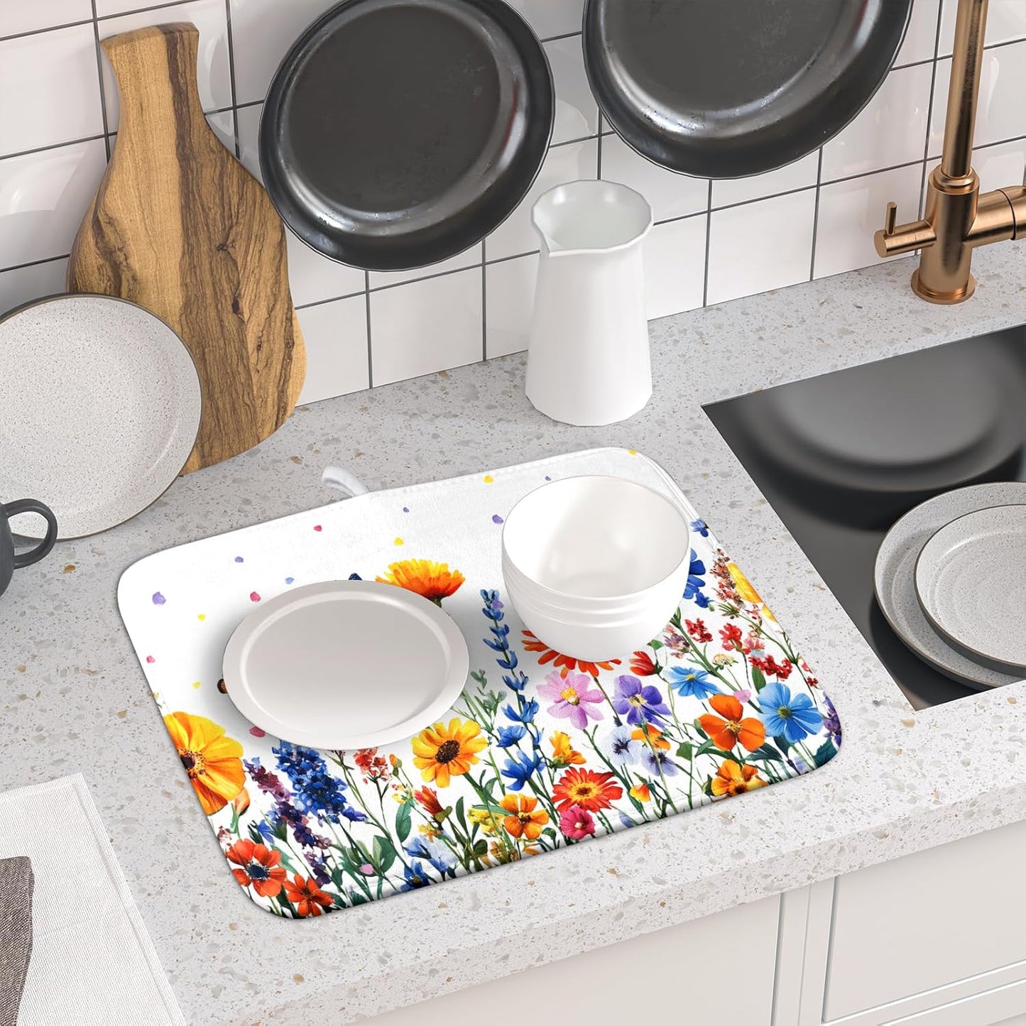 Watercolor Flower Dish Drying Mat 16x18 Inch Floral Butterfly Dish Drainer Protector Pad Washable Reversible Kitchen Counter Dish Dry Pad