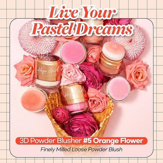 Hope Girl 3D Powder Blusher 0.17oz | Skin-Loving Korean Mini Blush for Cheeks and Eye Makeup w/Allantoin | K Beauty Cool Toned Vibrant Sunkissed Fine Powder Makeup Blush Cosmetics (#05 Orange Flower)