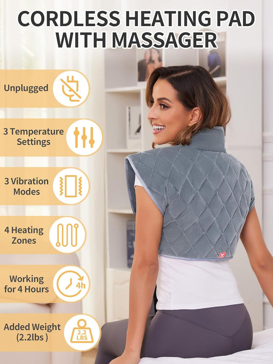 Vofuoti Heating Pad for Neck and Shoulders, Portable Cordless Heating Pad with Massager and Battery, Weighted Electric Heated Neck Shoulder Wrap, 16'' x 22'', 2.2lbs