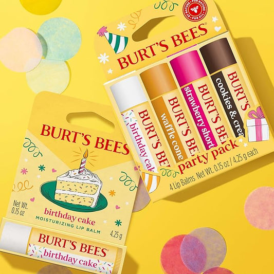 Burt's Bees Lip Balm Party Pack - Birthday Cake, Waffle Cone, Strawberry Shortcake, and Cookies & Cream, All Day Moisturizer, Tint-Free, Natural Origin Conditioning Lip Treatment, 4 Tubes, 0.15 oz.