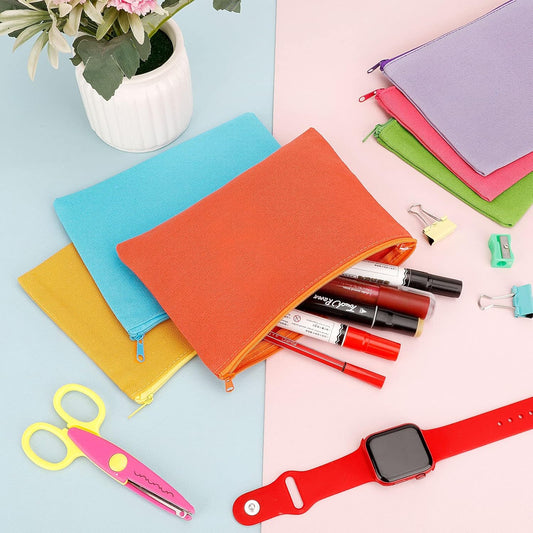 12 Pieces Cotton Canvas Makeup Bag, Multipurpose Cosmetic Bag with Zipper Travel Toiletry Pouch, Blank DIY Craft Bag (Multicolored B, M)