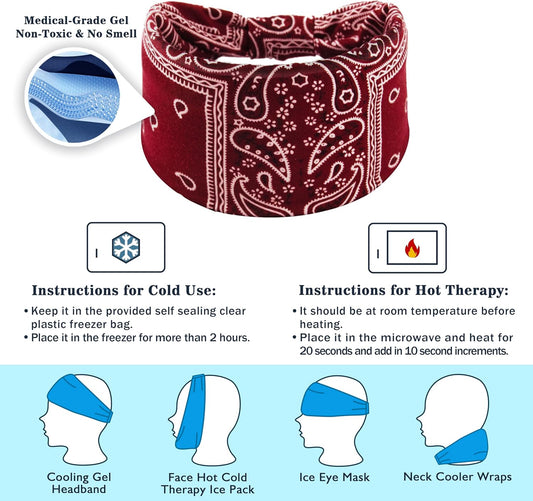 Crimmy Migraine Headache Relief Cap, Cooling Gel Headband Neck Wrap Hat Mask, Soothing Ice Pack Head Face Cold Compress for Tension Stress & Hangover (ice red Cashew)