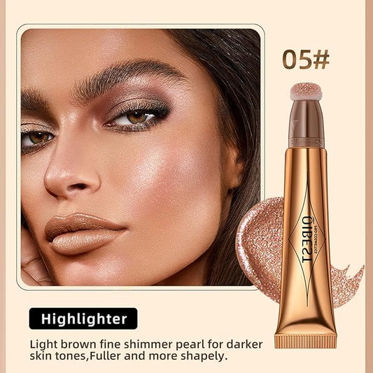 Highlighter Beauty Wand, Cream Liquid Highlighter Makeup Stick, Silky Smooth Face Shimmer Bronzer Stick with Cushion Applicator, Lightweight Body Face Glowing Highlighter, Cruelty-free(Rose Gold)