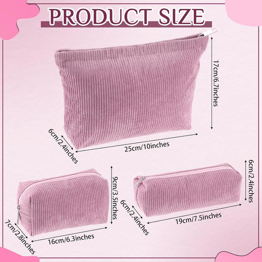 3 Pcs Makeup Bag Set for Women Corduroy Cosmetic Pouch Aesthetic Smile Travel Toiletry Bag Cute Purse Pouch Pencil Case Makeup Brushes Storage Organizer for Christmas(Rose Pink,Solid Style)
