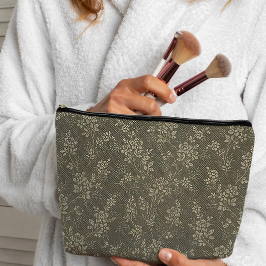 Floral Cosmetic Bag, Vintage Green Floral Toiletry Bag for Women, Botanical Wild Flowers Makeup Pouch