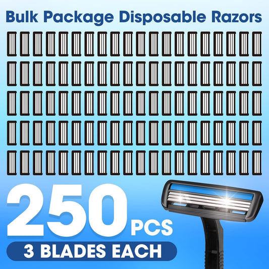 CXYARY 250 Pcs 3 Blade Disposable Razors With Clear Safety Cap, Shaving Razors Bulk for Men &Women, Stainless Steel Blade, Multipurpose Portable Shave Razor for Bathing Hotel Travel, Black