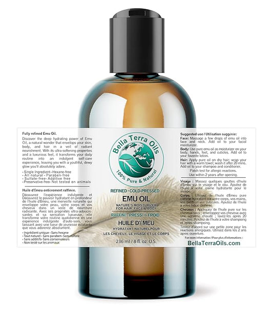 Bella Terra Oils - Emu Oil 8 oz - Australian Legacy, Famed for Omega-3, Omega-6 & Omega-9, The Natural Secret to Radiant Skin