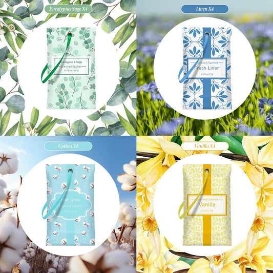SCENTORINI Sachets for Drawers and Closets, Sachets Bags Long-Lasting, Linen Vanilla Cotton Eucalyptus & Sage, Pack of 16, Home Fragrance Sachet for Closet, Drawer, Wardrobe