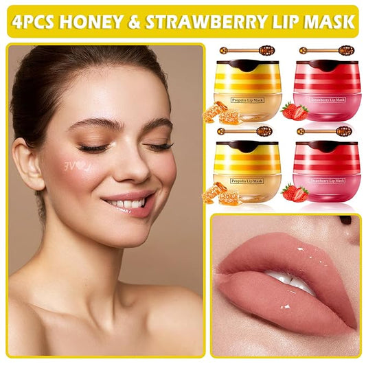 CAHIUYOA 4PCS Bee Lip Balm Honey Pot Honey & Strawberry Lip Balm Lip Mask Moisturizing Hydrating Honey Pot Lip Balm with Stick Prevention Dry & Cracked Lip Scrubs Exfoliator