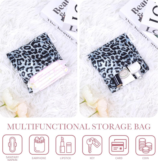 DGAZ Sanitary Napkin Storage Bag, Period Bag for Teen Aged Girls, Portable Period Bag for Panty Liners/Menstrual Cup/Small Tampons,Mini Makeup Bag for Purse(Leopard D)