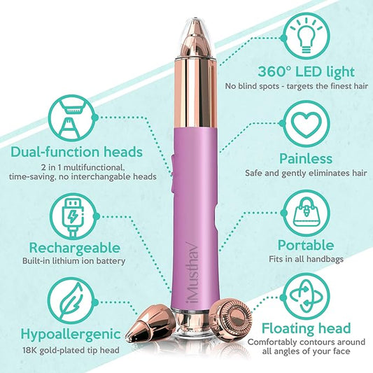 2 in 1 Eyebrow and Facial Hair Remover for Women Painless Flawless Electric Razor Epilator Trimmer Shaver with 18K Gold-Plated, USB Rechargeable, 360° LED for Eyebrow and Face Hair Removal