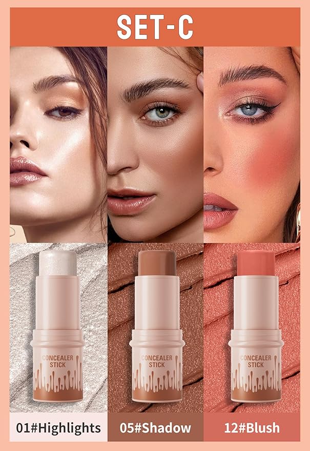 3Pcs Contour Stick Set,3 Colors Contour Stick Makeup Set, Long-Lasting Waterproof Concealer Stick Kit,Cream Blush & Highlighter Bronzer Pen (SET-C)