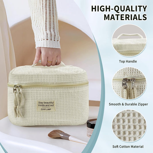 Cute Quilted Floral Makeup Bag(3Pcs),Coquette Aesthetic Cosmetic Bag,Travel Toiletry Bags, Kawaii Aesthetic pouch for Women (91 - Beige)