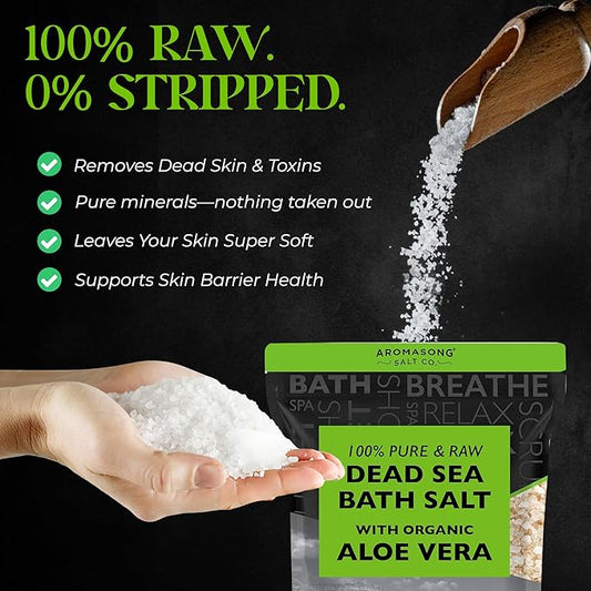 Aromasong 5 lbs Raw Dead Sea Salt with Organic Aloe Vera, not Cleaned, Still Contains All Dead sea Minerals Including Dead sea Mud, Fine Medium Grain Large resealable Bulk Pack (Packaging May Vary)