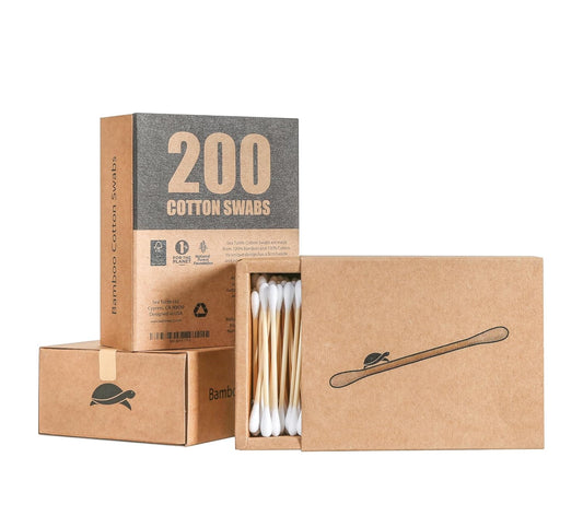 Sea Turtle Bamboo Cotton Swabs (200 Count) - Vegan, Eco Friendly, Organic, Double Tips, Plastic Free Wooden Ear Sticks, All Natural 100% Biodegradable Cotton Buds
