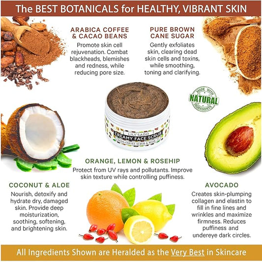 LILY SADO LILY SADO Cocoa & Coffee Creamy Face Scrub - Best Exfoliating VEGAN Facial Cleanser for Women & Men - Natural Face Wash Exfoliates & Energizes Skin, Treats Acne & Reduces Pore Size - 4 oz