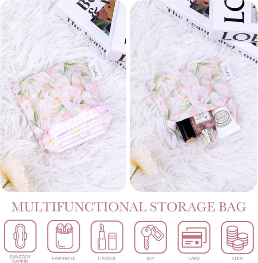 DGAZ Sanitary Napkin Storage Bag, Period Bag for Teen Aged Girls, Portable Period Bag for Panty Liners/Menstrual Cup/Small Tampons,Mini Makeup Bag for Purse(French Tulips)