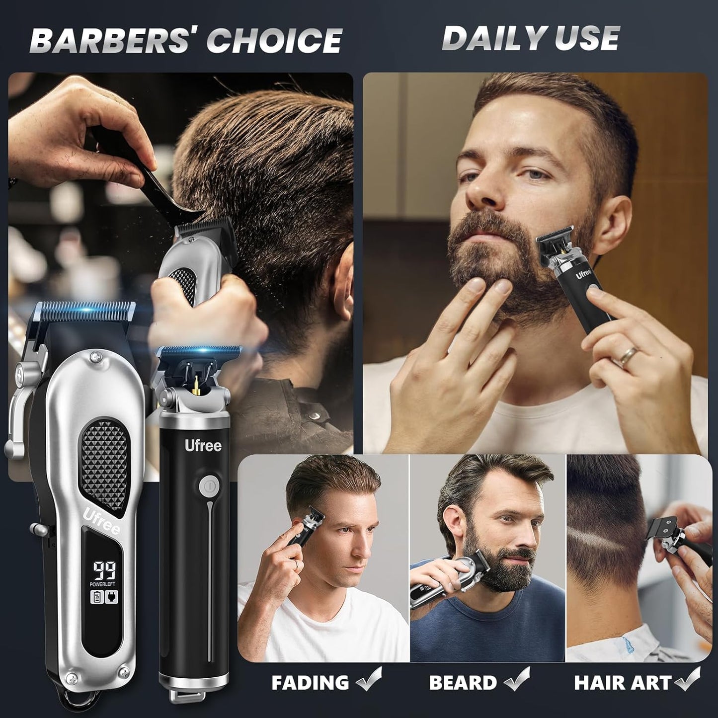 Ufree Hair Clippers for Men, Professional Clippers and Trimmers Set, Cordless Clippers for Hair Cutting, Beard Trimmer, Barber Clippers, Rechargeable Electric Shaver, Gifts for Men