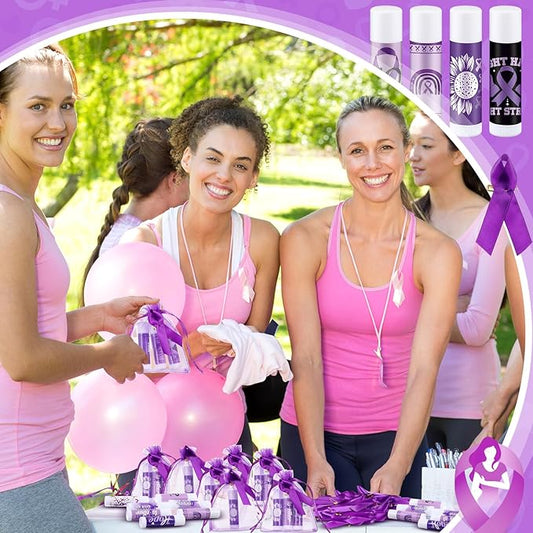 50 Set Overdose Awareness Lip Balms Gifts with 50 Organza Bags 50 Purple Awareness Ribbon Pins Raise Awareness for Domestic Violence Pancreatic Cancer Lupus Alzheimer's Awareness