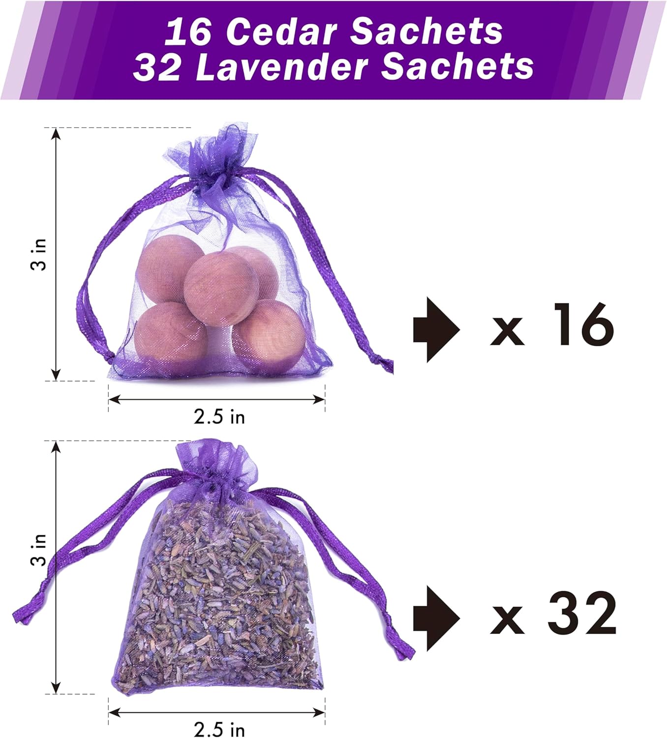 Pack of 48 Lavender Cedar Sachets - 32 Lavender, 16 Cedar for Closet, Drawer, Dresser, Wardrobe and More, LV-D-LC-3