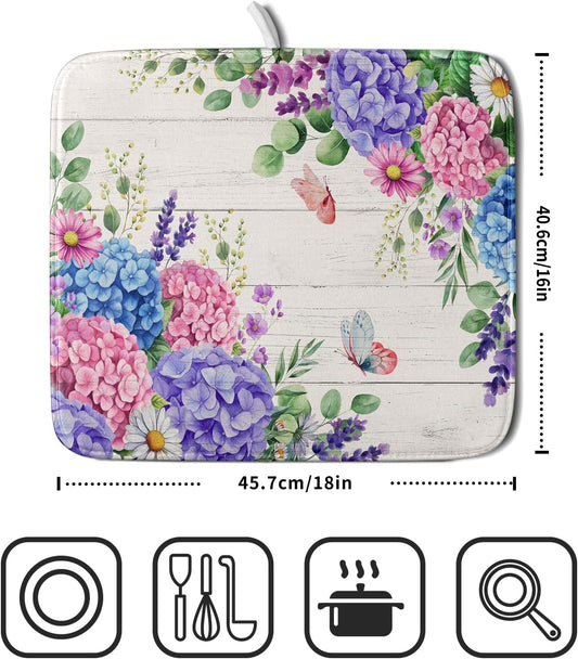 Hydrangea Floral Dish Drying Mat 16x18 inch Spring Summer Decorative Fast Dry Dishes Draining Mats Absorbent Microfiber Drainer Rack Pad