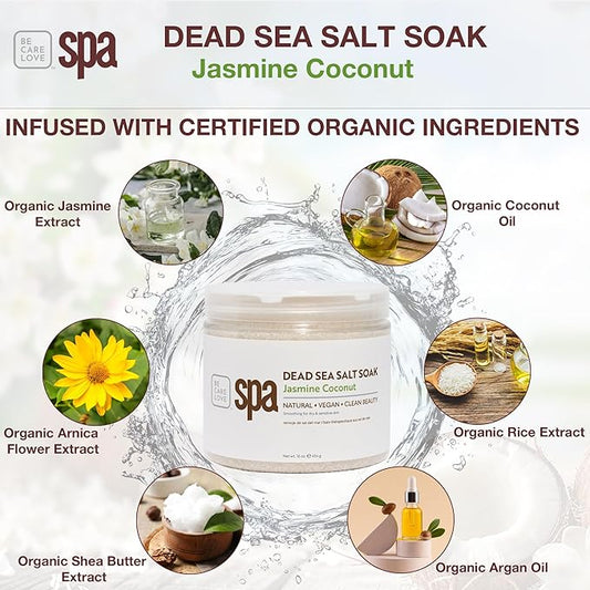 BCL SPA Dead Sea Salt Soak - Bath Salt with Organic Jasmine + Coconut, Shae Butter, Arnica, Aloe Vera Juice, Chamomile, Argan Oil & Jojoba Oil Skin Exfoliator - Home/Professional Use 16 fl oz