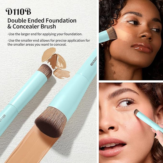 EIGSHOW Makeup Brush Set, 3Pcs Dual Ended Face Makeup Brushes for Foundation Powder Contour Highlight Concealer Nose Shadow, Travel Gift Set (Cyan)