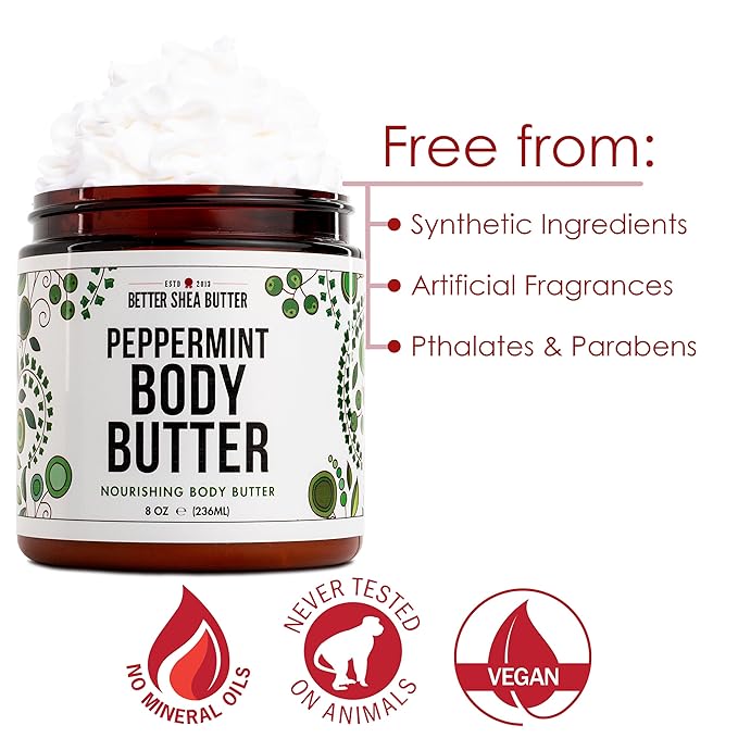 Peppermint Body Lotion | Moisturizer for Dry Skin | with Raw Shea Butter and Jojoba Oil | No Synthetic Fragrances, Non-Greasy Body Cream for Men and Women | 8 oz
