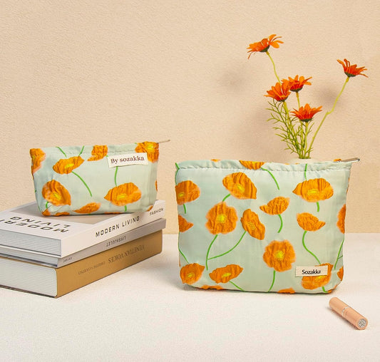 2 Pcs Makeup Bags, Large Cosmetic Bag Travel Toiletry Bag Organizer for Women, Embroidery Craft, Floral Makeup Bag Small Cosmetic Pouch Purse with Zipper Gifts for Girls Teen