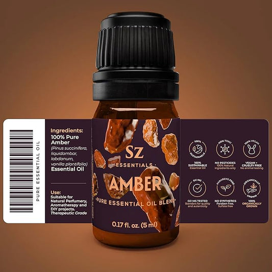 Amber 100% Pure, Essential Undiluted Oil - Extracted from Amber Resin - Rich & Floral Scent, with Smoky Overtones - Therapeutic Grade & Vegan - 0.17oz (5ml)