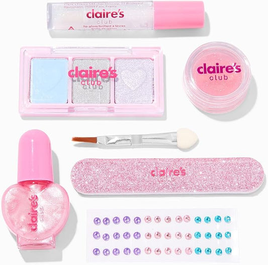 Claire's Accessories Snow Leopard Cosmetic Makeup Kit for Girls which includes Eye Shadows, Lip Gloss, Nails and More