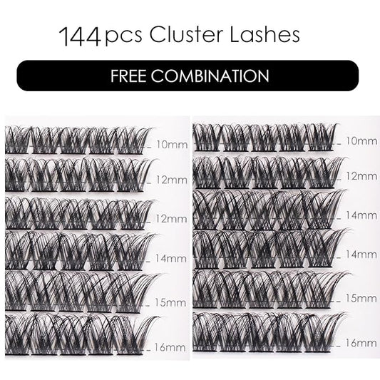 Lash Clusters 144 Pcs Individual Lashes Clusters Eyelash Extensions False Eyelashes DIY Lash Extension Reusable False Eyelashes Natural Look Mix 10-16mm C D Curl-DM01
