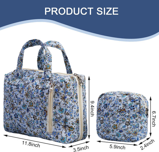 Cute Quilted Floral Makeup Bag(2Pcs),Coquette Aesthetic Cosmetic Bag,Travel Toiletry Bags, Kawaii Aesthetic pouch for Women (14-BlueVine)
