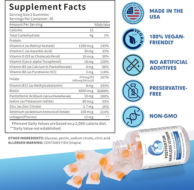 Postpartum Hair Loss Vitamin, Vegan Gummies with Biotin, Collagen, & Folate, Postpartum Hair Loss Products for Less Shedding, Thicker Hair, Stronger Hair, Breastfeeding-Friendly, 60 Gummies