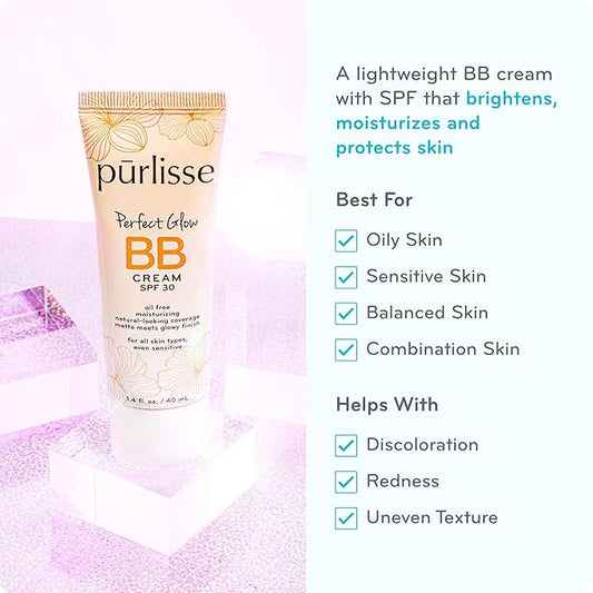 pūrlisse Perfect Glow BB Cream with SPF 30 - Matte Meets Dewy Finish - Enriched with Goji & Hawthorn Berry to Help Improve Skin Texture & Radiance - Light Warm (1.4 oz)